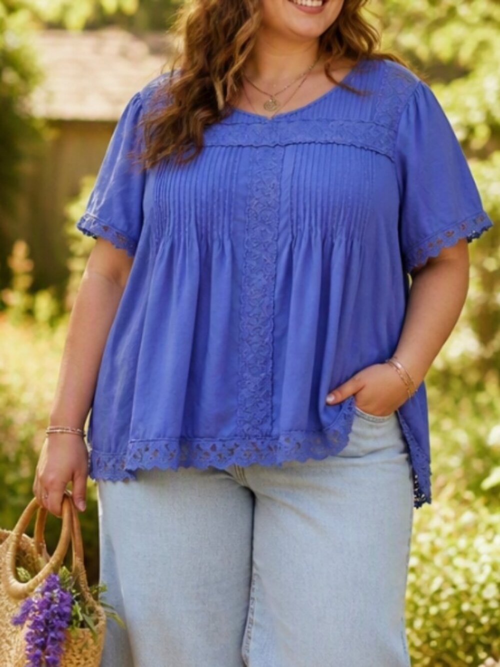 Woman Within Lace Trim Purple Pleated Top Shirt Blouse Plus 2X Boho Casual
